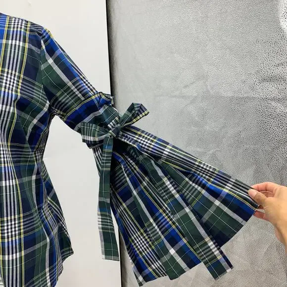 Gianni Bini Top Womens XS Extra Small Blue Tartan Plaid Serena Tie Bell Sleeves - Picture 5 of 11